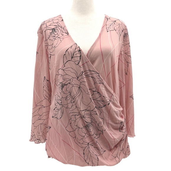 The Limited Tops - Vintage Y2K The Limited Blouse XL Faux Wrap Sheer Floral Rhinestone Lettuce Hem